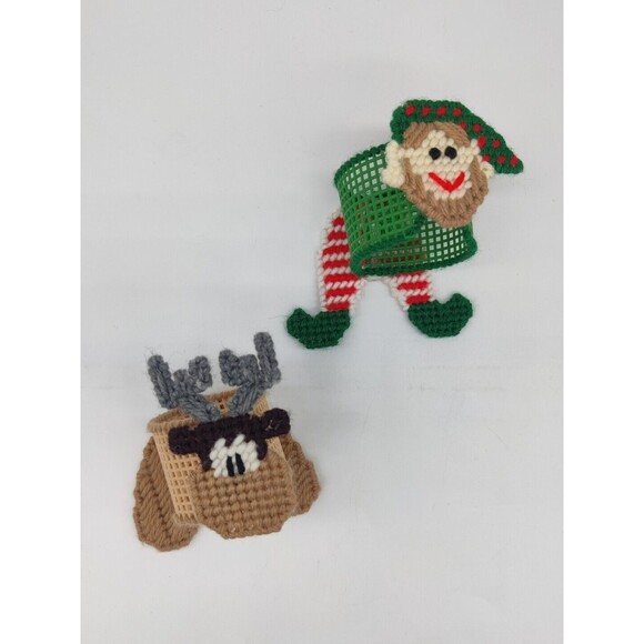 Vintage Christmas Holiday Napkin Rings Plastic Canvas Needlepoint Elf & Reindeer - Picture 2 of 8